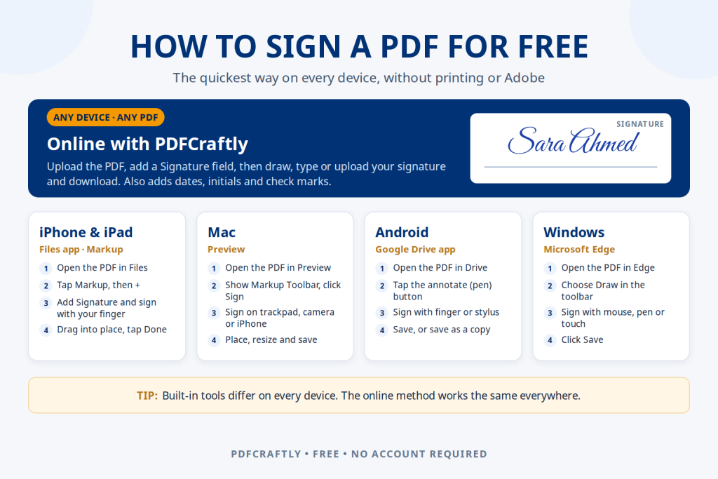 Infographic: how to sign a PDF for free. Online on any device with ToolsCampus, or with built-in tools: Markup in the Files app on iPhone and iPad, Preview on Mac, the Google Drive app on Android and Microsoft Edge on Windows.