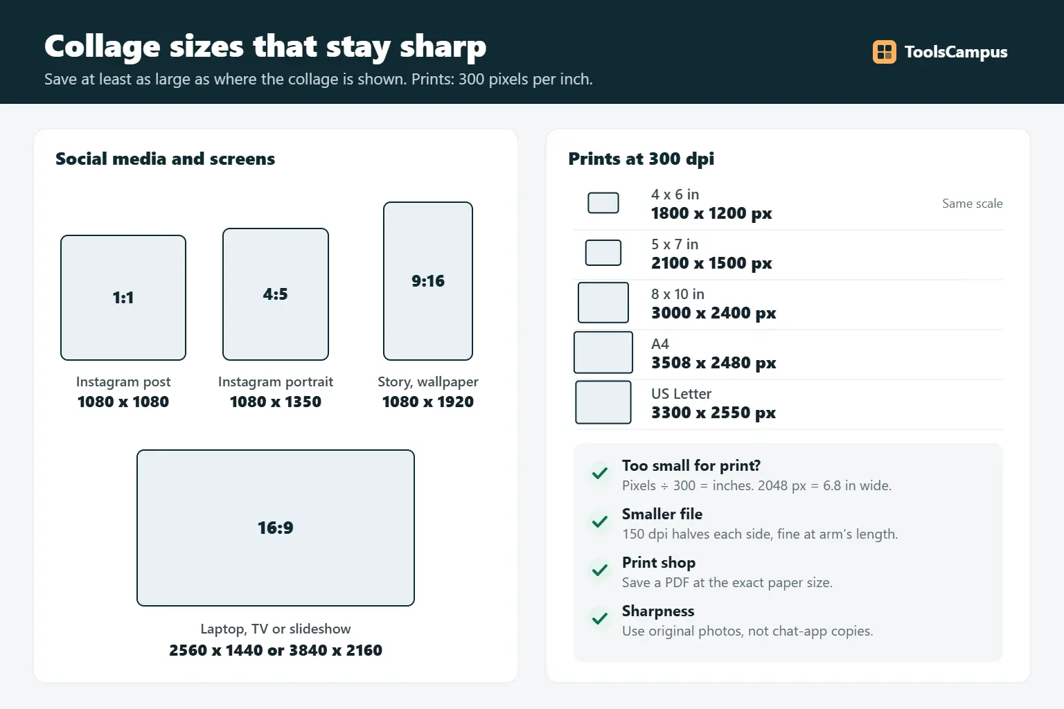 Collage size cheat sheet: Instagram 1080 x 1080 and 1080 x 1350, Story 1080 x 1920, screens 3840 x 2160, prints at 300 dpi from 4 x 6 (1800 x 1200) to A4 (3508 x 2480)